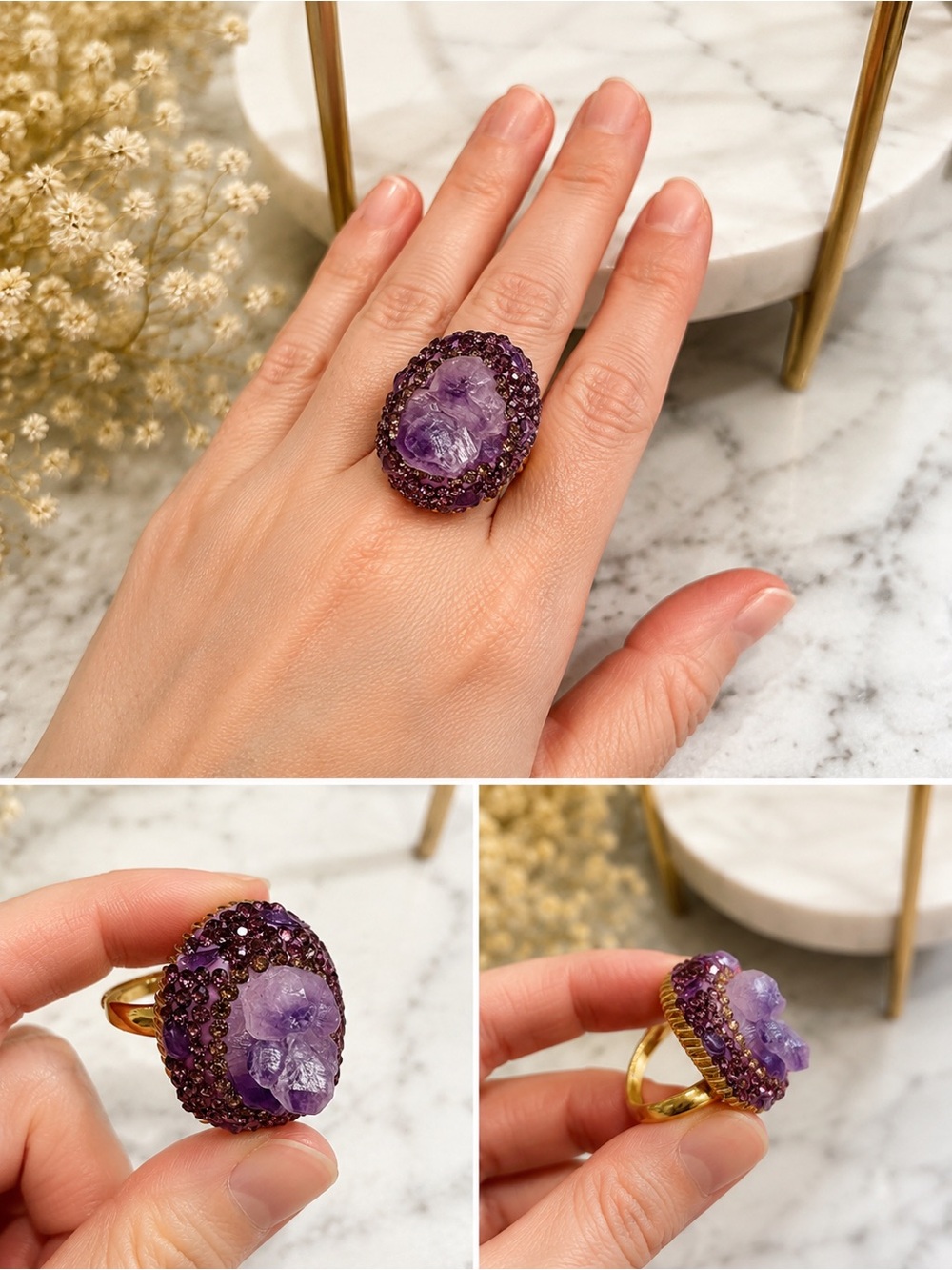 Purple Amethyst Cluster Statement Ring Adjustable